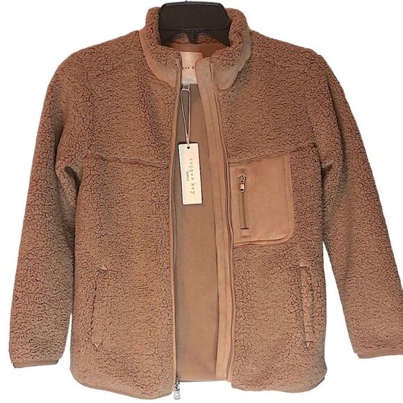 KIDS Girl Copper Key Khaki Tan Beige Faux Fur Jacket Coat Front Pocket - Picture 3 of 8